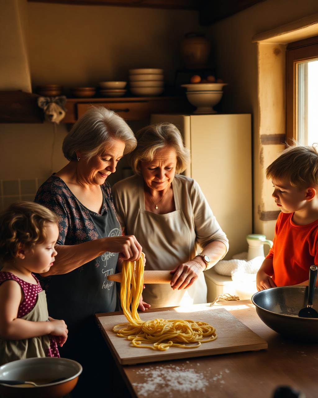 Three generations of the Rossi family cooking together in the kitchen
