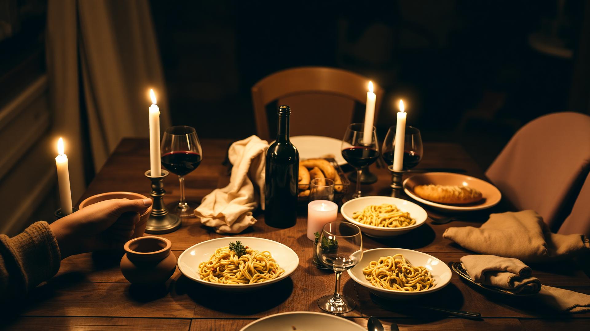 A warm rustic family dinner table laden with handmade pasta and wine